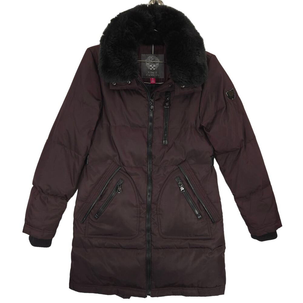 Vince Camuto Puffer Jacket Womens XS‎ Purple Down Faux Fur Lined Full Zip Parka